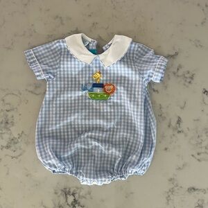 Blue Gingham Baby Romper with Animal Embroidery